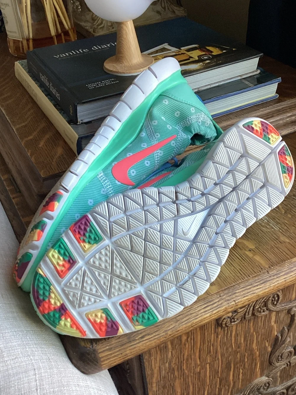 Nike Mint Green Polka Dot Running Sneakers with Coral Swoosh and Blue Laces